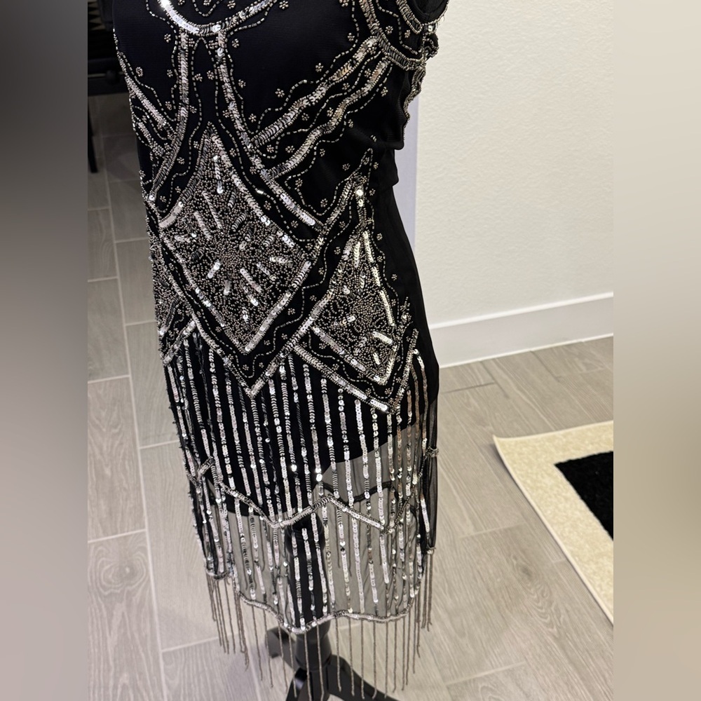 GATSBY LADY Art Deco Fringe Flapper Black Sequin Beaded Dress Size 4 VGUC - Picture 4 of 8